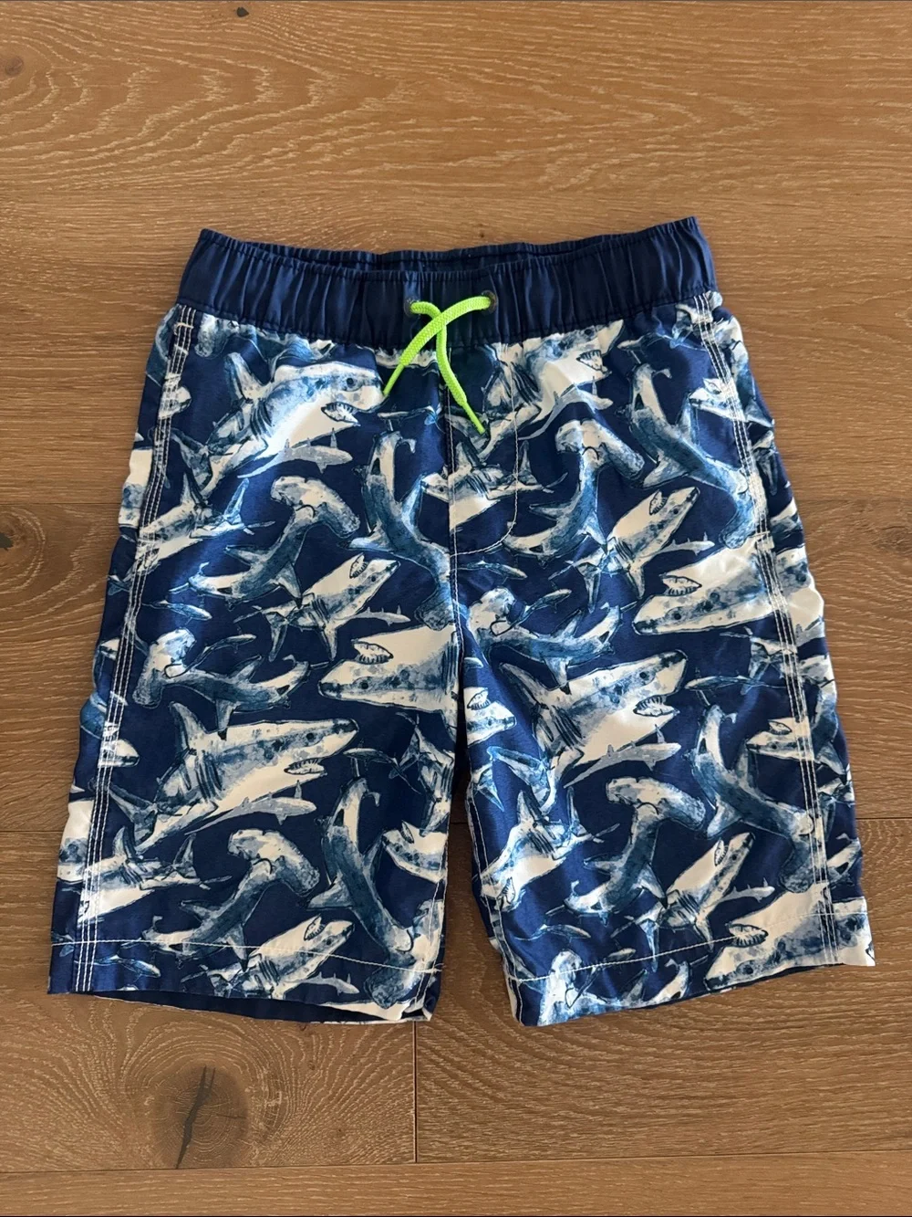 GAP Navy and White Shark Swim Shorts with Lime Drawstring